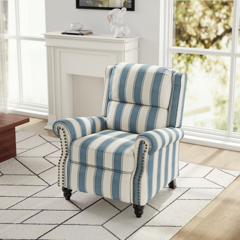   Ameiah Upholstered Farmhouse Manual Push Back Recliner with Solid Wood Legs, Stripe Navy