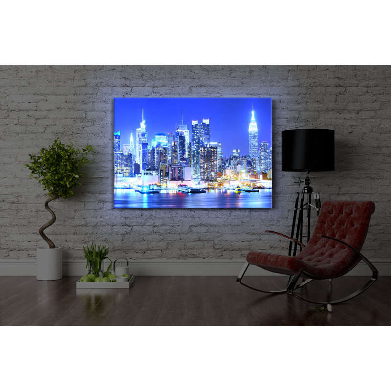 New York City, Skyline Bridge At Night by No - Wrapped Canvas Print, 40cm H x 60cm W x 4.5cm D, With lighting