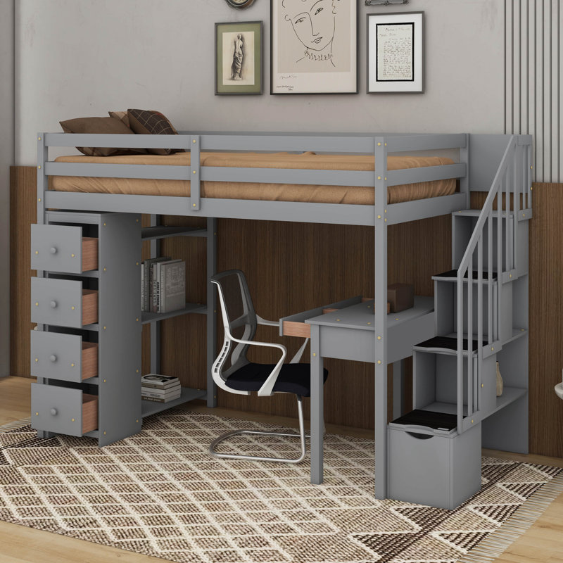 Lit mezzanine simple avec tiroirs, bureau et escalier, Gris