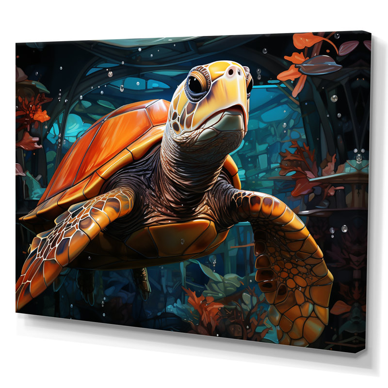 Turtle Journey Floral Geometric - Tortue, art mural sur toile, H 34 po x l 44 po x P 1,5 po, Toile tendue