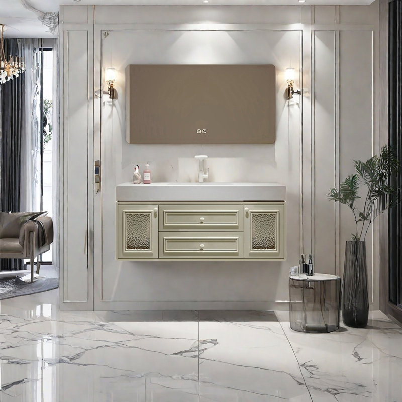 French cream style smart bathroom cabinet, 19.68" H x 47.24" W x 21.65" D, Light Green