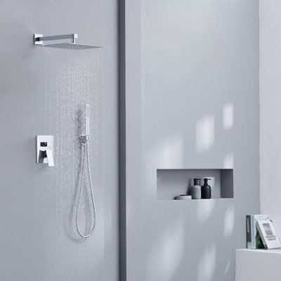 Iriber 12 Inch Wall Mounted Square Shower System With Rainfall Shower Head, Handheld Shower, Mixer Valve And Concealed Installation For Modern Bathroom