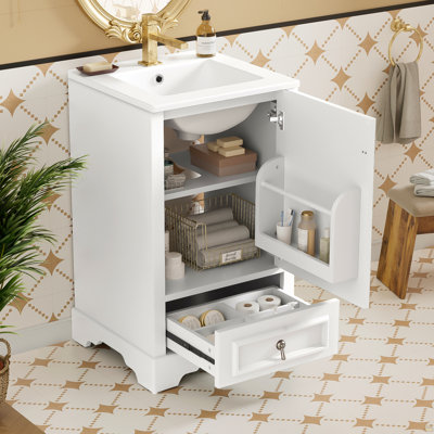 Meuble-lavabo de 20 po avec lavabo en céramique, porte à fermeture en douceur, tablette ajustable en forme de U, tiroir de compartiment et support de porte, style moderne, conception peu encombrante