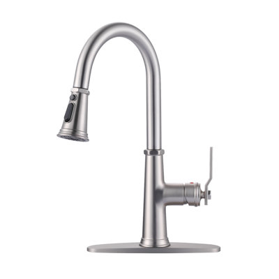 Stainless Steel 3-Function Single Handle Pull Down Kitchen Faucet With Deckplate