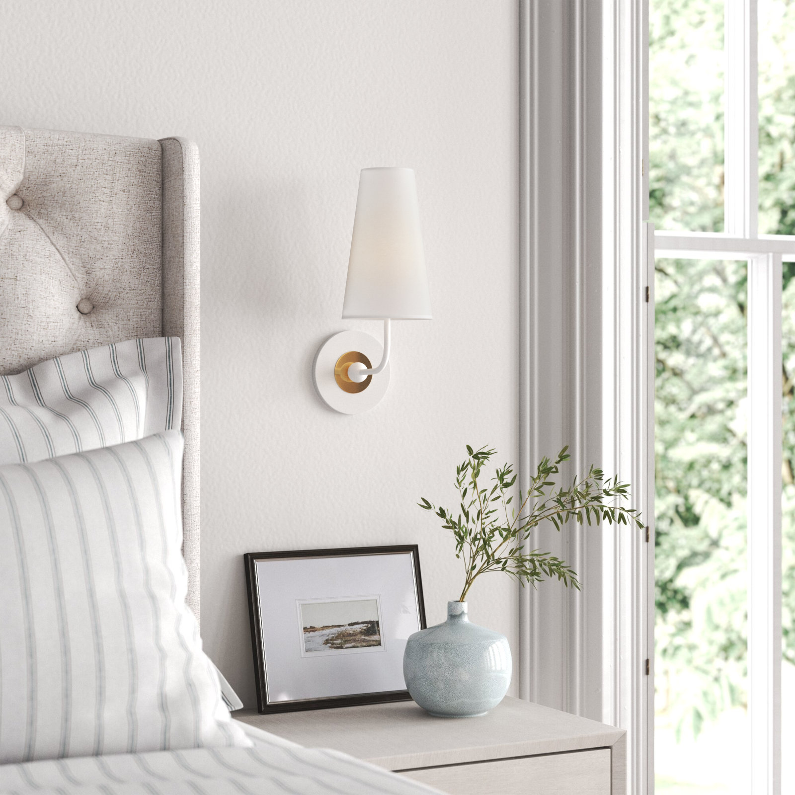 Tropez Single Light Dimmable Armed Sconce, Aged Brass/White