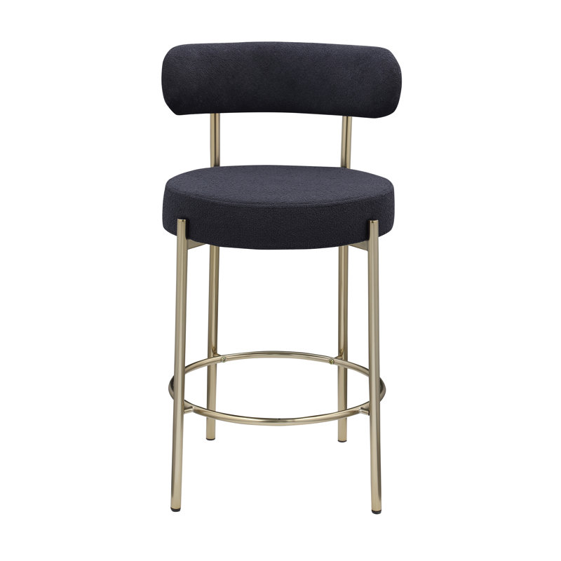 Woker Modern Sherpa Counter Height Stools Set of 2, Uphsoltered 26" Seat Height Barstools with Brushed Brass Metal Legs Round Low Back Kitchen Stools with Footrest for Dining Room,