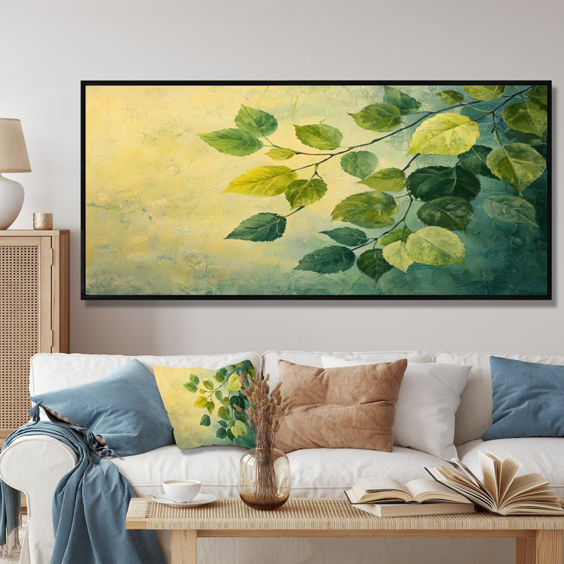 Feuillage vert et jaune, feuilles, collage IV - feuilles, art mural, H 28 po x l 60 po, Floater Framed