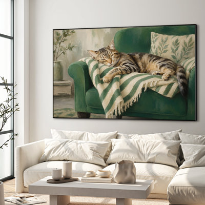 Très grand art mural imprimé sur tissu - Chat douillet endormi sur un canapé vert avec une scène intérieure neutre et douce pour le salon ou la chambre à coucher «Assemblage requis du cadre (cadre non fini)»