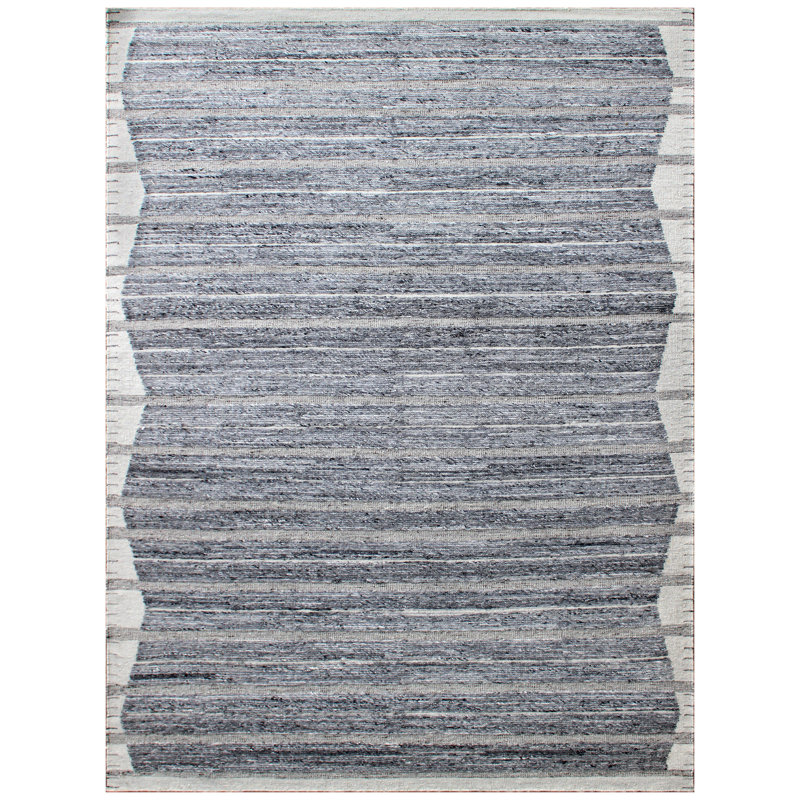 Tapis rectangulaire rayé en laine noué à la main gris / ivoire, Rectangle 6 pi x 9 pi