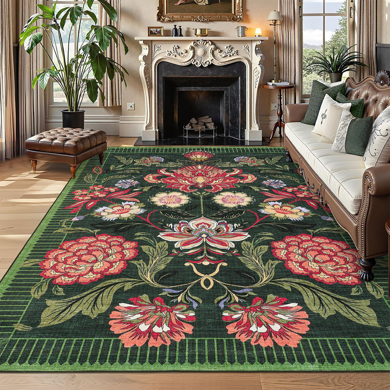 Tapis lavable rétro Vintage Boho Rugs, Vert, Rectangle 9 pi x 12 pi