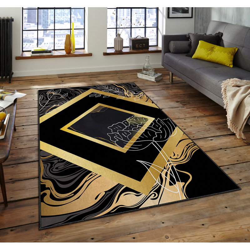 Tapis rectangulaire tissé à la machine en polyester noir / or Norlina, Rectangle 3 pi 11 po x 5 pi 11 po