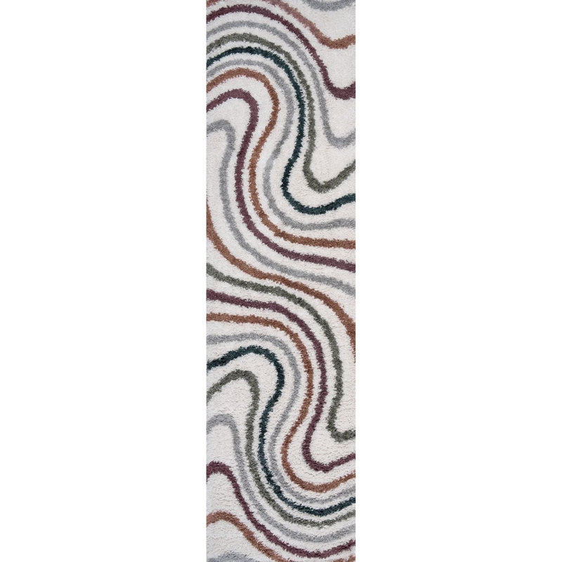 Moodi Modern Shaggy Area Rug Abstract Wavy Line Design, Runner 80 x 300 cm, Off-White/Multicolour