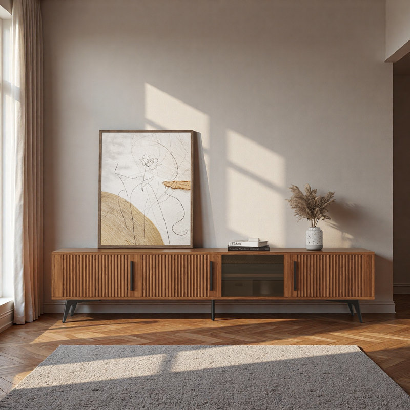 78"modern Wood Grain Tv Stand With Adjustable Shelves, Cable Management Hole, Push-to-open Doors & Sturdy Metal Legs