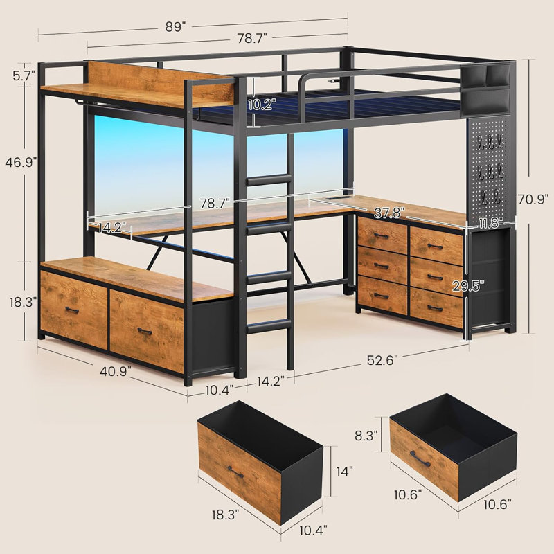 Loft Bed With L-shaped Desk And 8 Storage Drawers, Brown