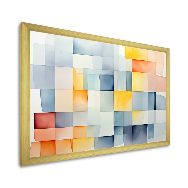 Motif de cubes multicolores V - art mural géométrique, Cadre doré à coins fermés, H 16 po x l 32 po x P 1 po