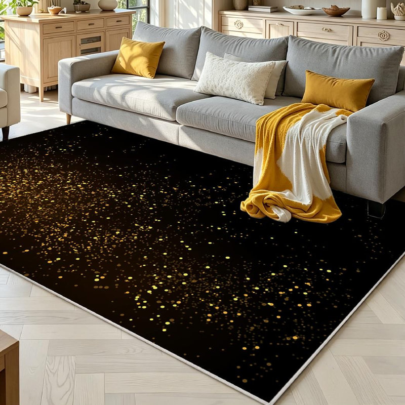Gold Powder Splash En Scattered Dust Stylish Fashion Black Machine Washable Indoor Area Rug, Rectangle 71" x 98"