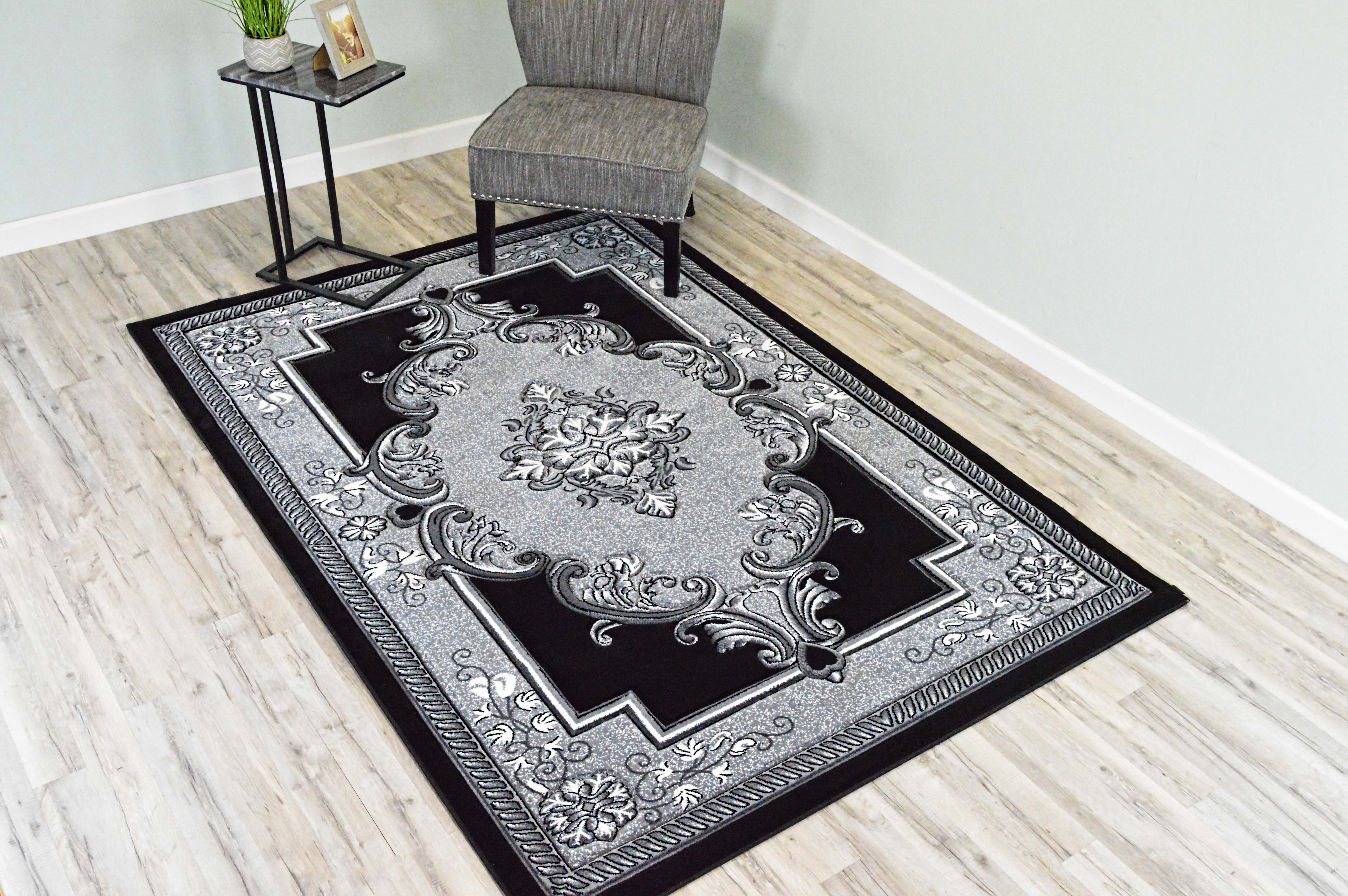 Astoria Grand Ramsel Power Loomed 3D Handcarved Traditional Oriental Floral GrayBlack Area Rug & Reviews | Wayfair