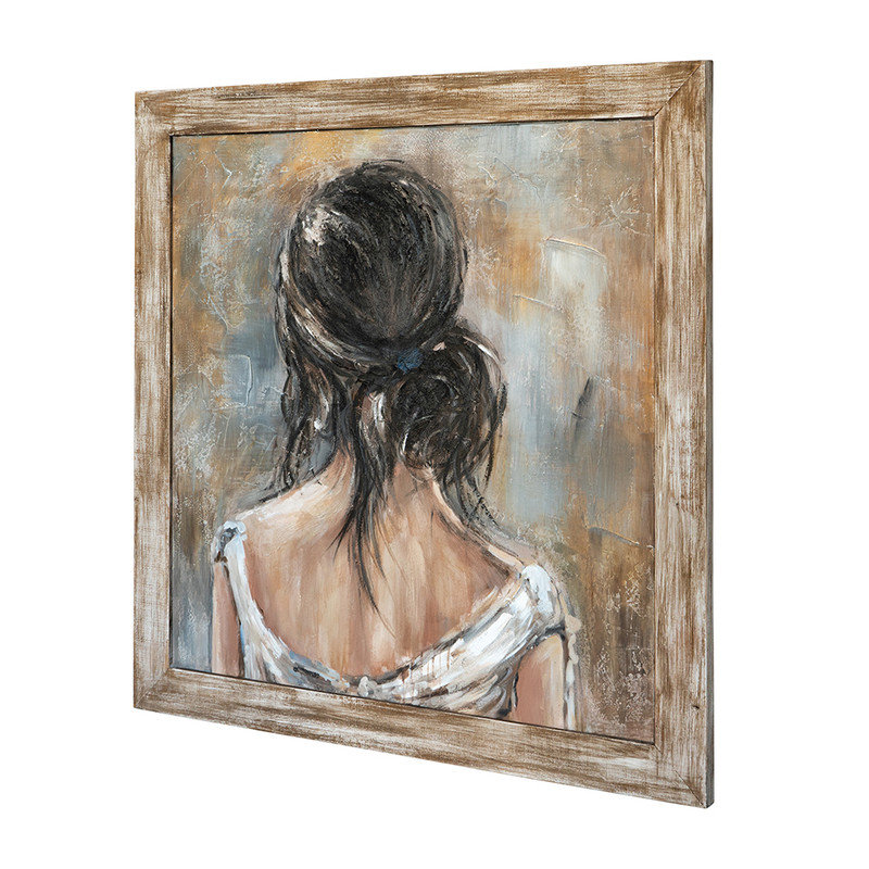 39.4x39.4x1.2" Hand-Painted Woman Portrait Art with Rustic Fir Wood Frame