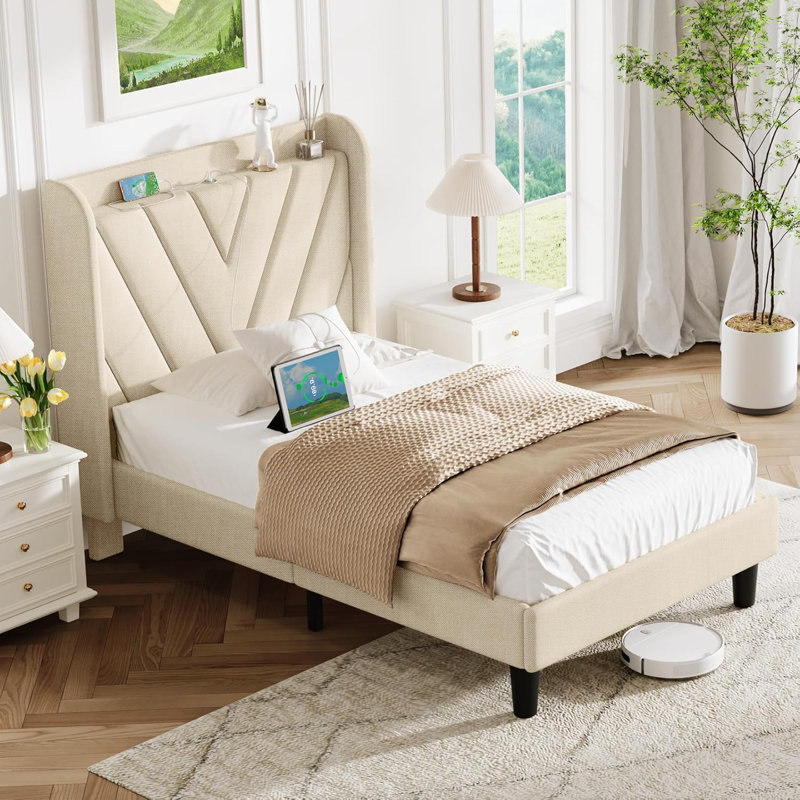 Lit tapissier capitonné en velours avec station de charge et tablette de rangement (beige, taille simple), Simple, Beige