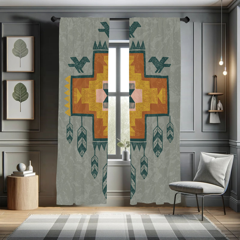 Ebern Designs Tribal Curtains, Dreamcatcher Folkloric Ikat, Blue Gray/Multicolor, 28" W x 63" L