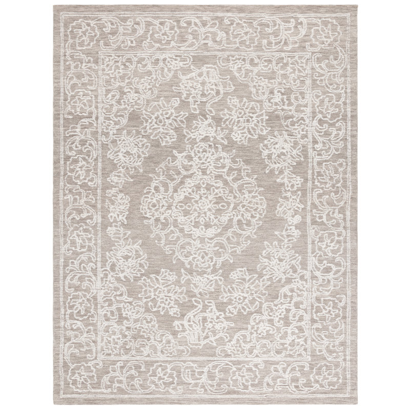 Tapis floral en laine touffeté à la main en ébène de couleur ivoire / gris / gris foncé Cemaliye, Rectangle 8 pi x 10 pi