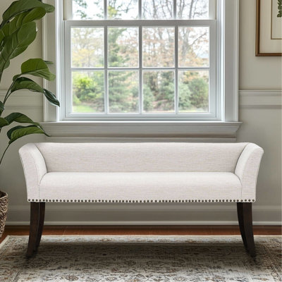 Elegant Cream Upholstered Bench With Nail Heads And Piping Details, High - Capacity Solid Wood Legs, For Entryway Use Comfortable Herringbone Texture Padded Arms, Low Back, In Hallway