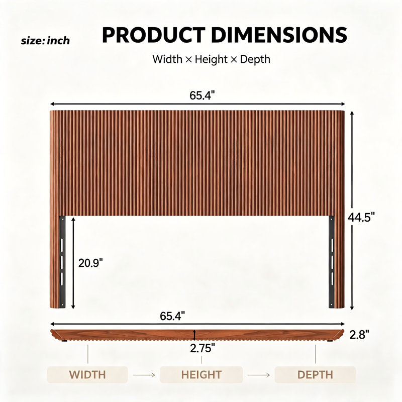 Tête de lit en bois de couleur noyer avec un design à lattes verticales 3D et une silhouette ondulée arquée; Facile à installer et compatible avec les grands lits.