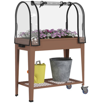 Raised Garden Bed with Greenhouse Cover, Large Metal Outdoor Elevated Planter Box with Lockable Wheels, Storage Shelf and Drainage Hole for Vegetables, Flowers, Herbs, Brown