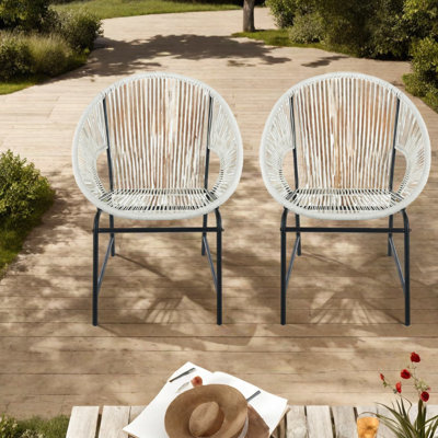 Modern Patio Dining Chairs, White Iron & Pe Rattan, For Outdoors