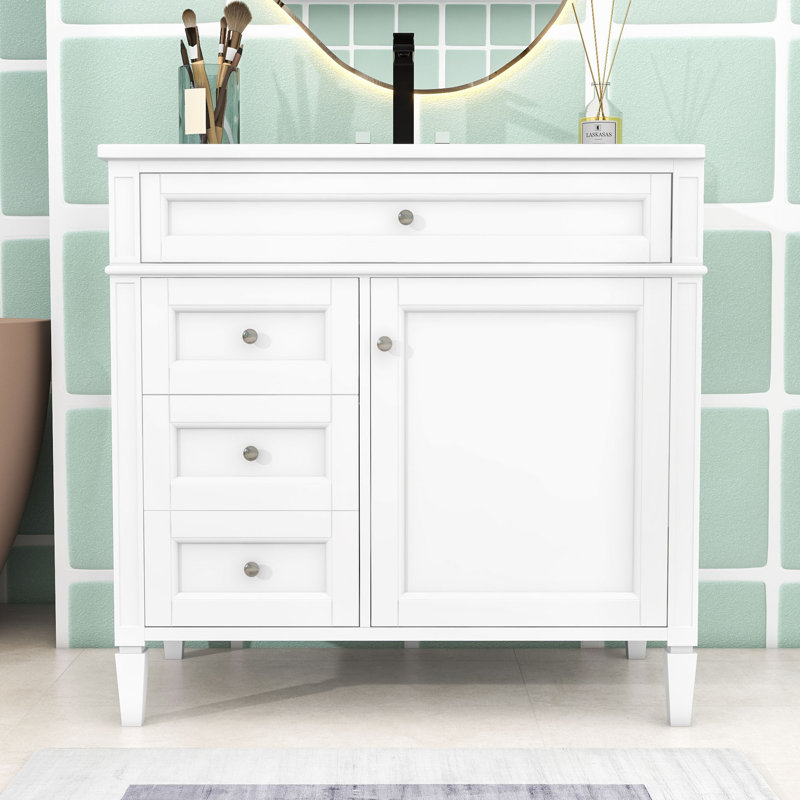 Armoire de salle de bain 2 tiroirs avec lavabo supérieur en bois Serish, Blanc