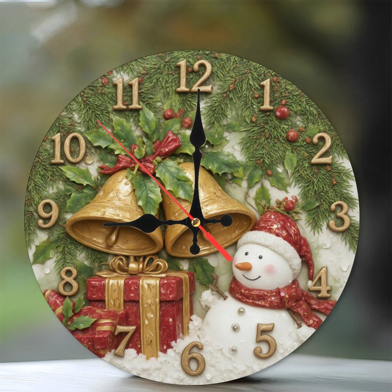 Noël-Horloge-Bonhomme de neige-Cadeaux-Cloches