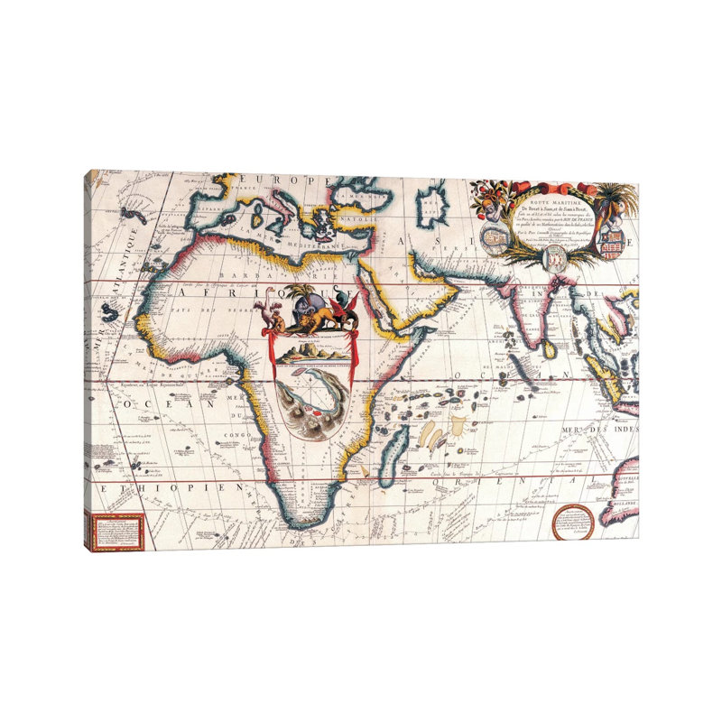 Antique Asia and Africa Map 1 Piece Wrapped Canvas Painting, 101.6 cm H x 66.04 cm W x 3.175 cm D