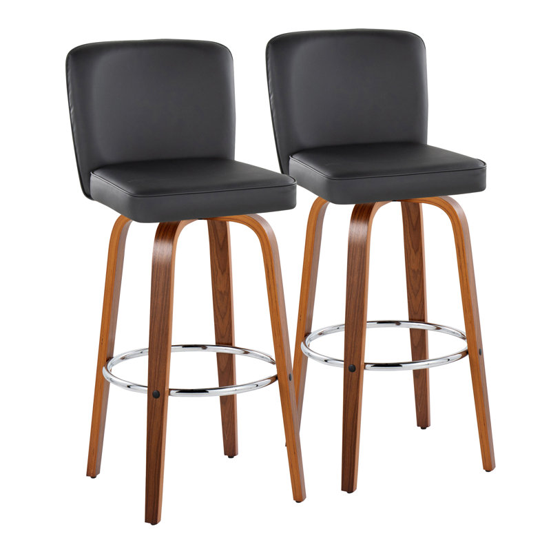 Huxley 30" Fixed-Height Bar Stools with Bent Wood Legs and Round Footrest, Bar Stool (30.75" Seat Height), Black Faux Leather