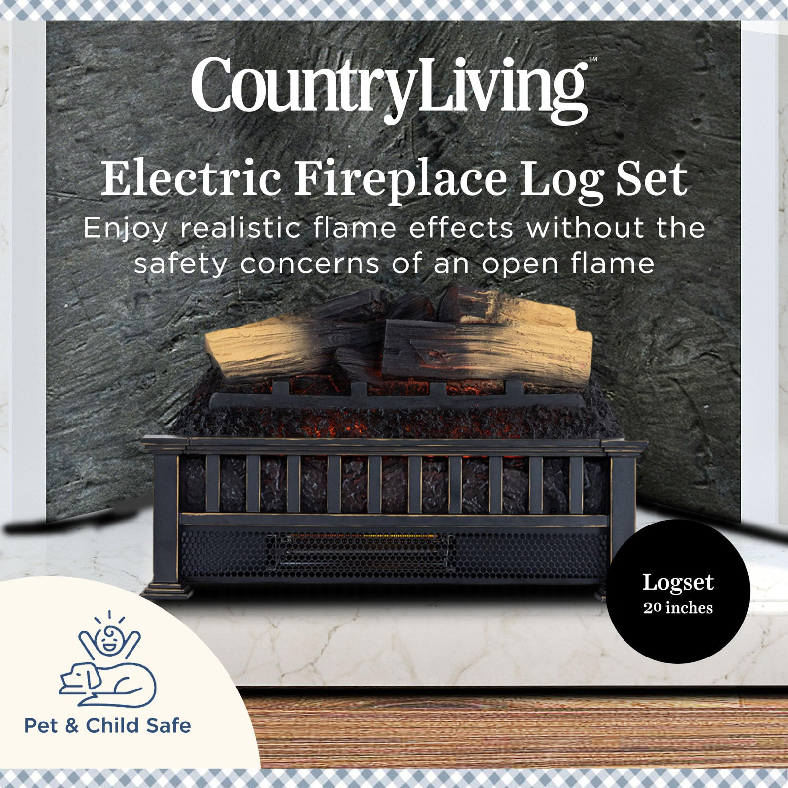 Country Living Electric Log Set Heater, 12.6" H x 20.5" W x 8.6" D