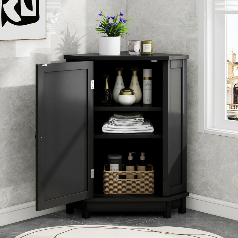 Stylish Storage Cabinet For Bathroom, Bathroom Cabinet, Triangle Corner Storage Cabinet With Adjustable Shelf, Black