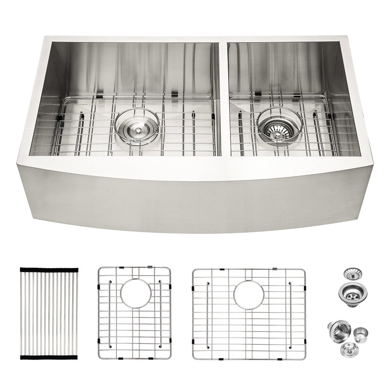 Évier de cuisine en acier inoxydable de calibre 16, double cuve de 36 po, guide d'eau en forme de X, coussin, nickel brossé, ensemble de bonde, pinces d'installation 36 po, gabarit en caoutchouc