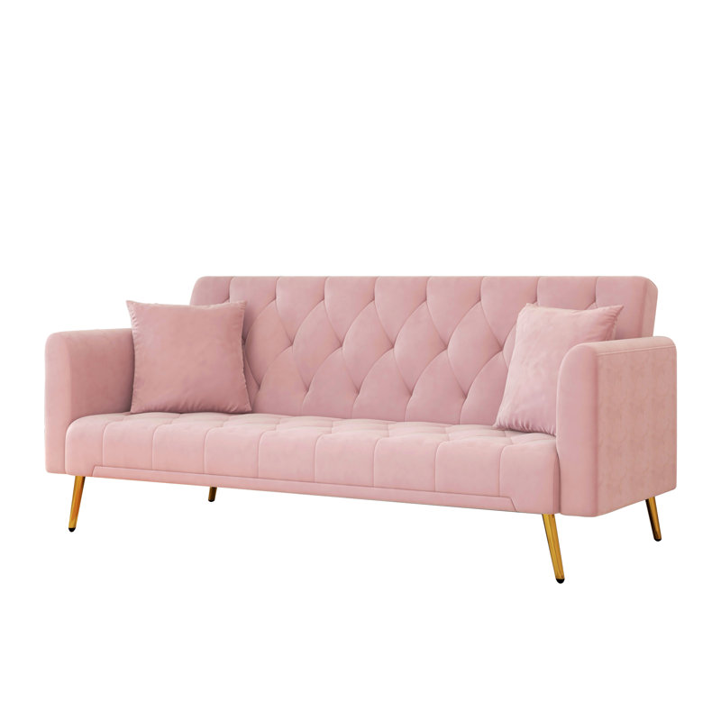 Linndale Modern 71.2” Velvet Couch Folding Tufted Sofa Bed for Living Room and Bedroom, Pink Velvet