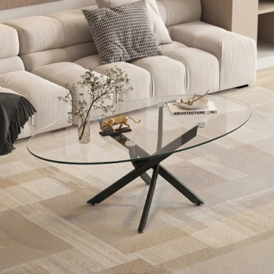Table basse ovale avec pieds en X en métal trempé et plateau en verre trempé de 39,37 pouces, centre de table moderne pour le salon, le bureau personnel, la décoration d'appartement, noir