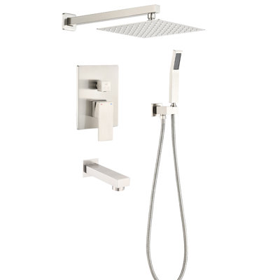 Shower In Brushed Nickel Theme - 10" Rain Head, Handheld Shower, Adjustable Spray, Material Bathroom Accents Easy Installation, Heat-