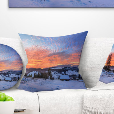 Landscape Snowy Colorful Dawn in Mountains Printed Pillow