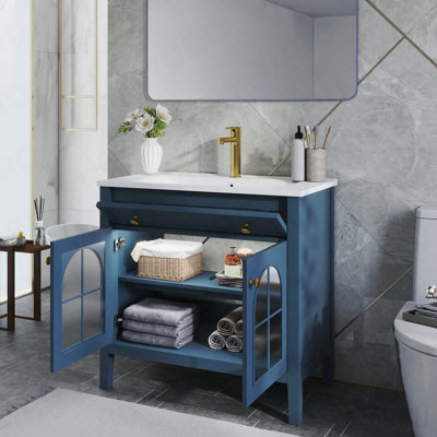 Lavabo de salle de bain 35,6 po Mid-Century avec verre à motif et bande lumineuse à capteur de mouvement, lavabo de salle de bain autoportant Farmhouse avec rangement, meuble-lavabo haut de gamme pour salle de bain, vert