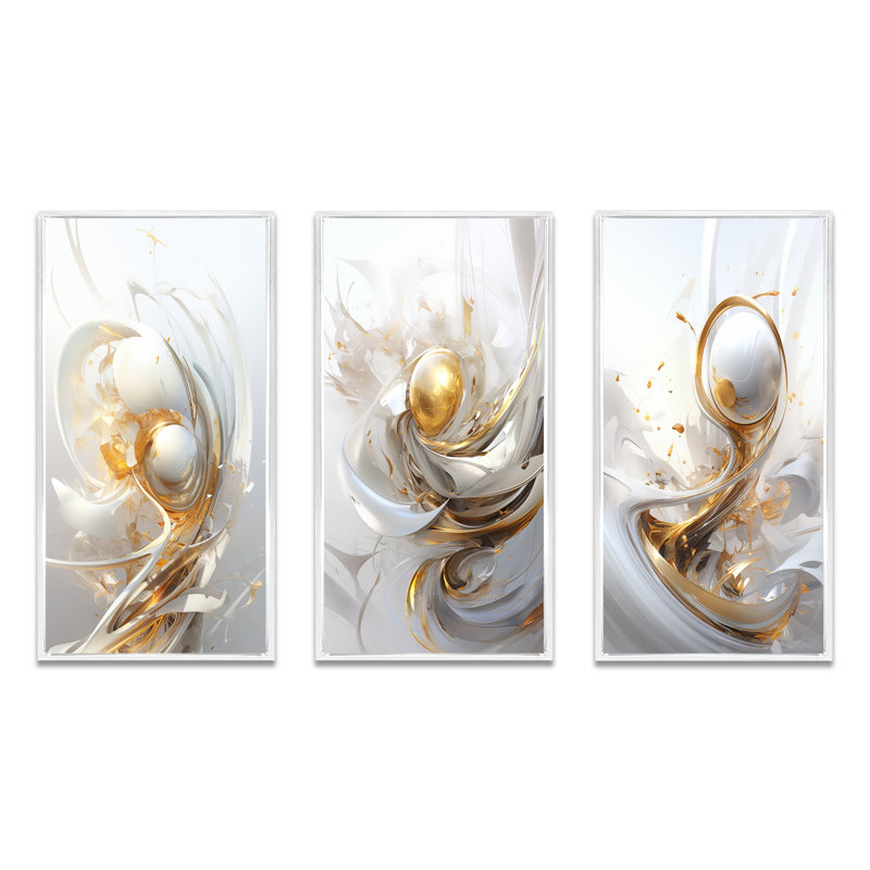 «Gold Sphere Fractal», 3 pièces sur toile, H 20 po x l 36 po, Cadre flottant blanc