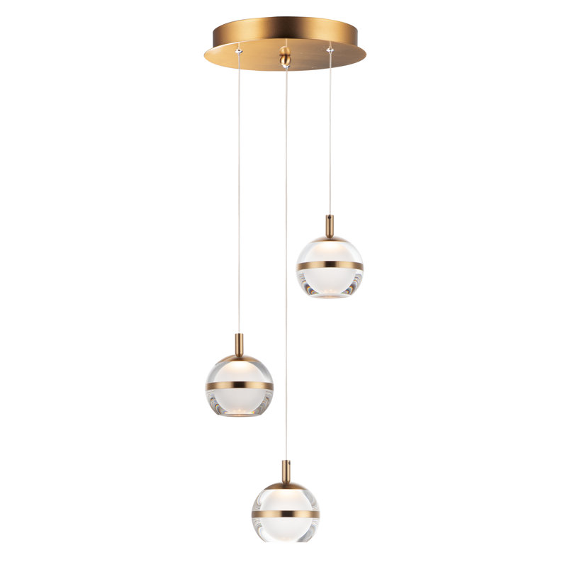 Luminaire suspendu sphère 3 lumières DEL Eliset, Laiton vieilli naturel, Givré / or