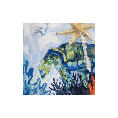 Underwater Turtle With Starfish , Unframed Wall Art, 16 X 16