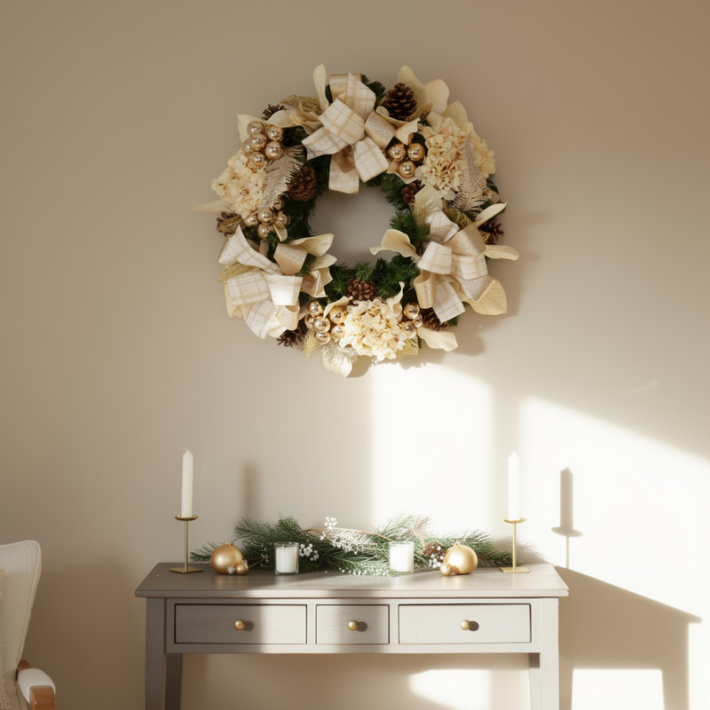 Couronne de Noël 30 po avec hortensias, ornements et boucles