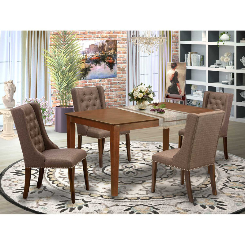 Ensemble de table de salle à manger 5 pièces comprenant une table rectangulaire en bois rustique et 4 chaises rembourrées en tissu de lin brun, naturel