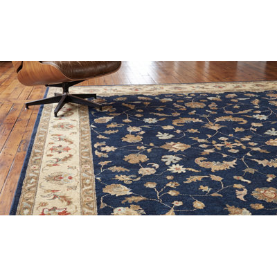 Tapis oriental rectangulaire en laine noué à la main bleu marine / brun / crème 7 pi x 8 pi