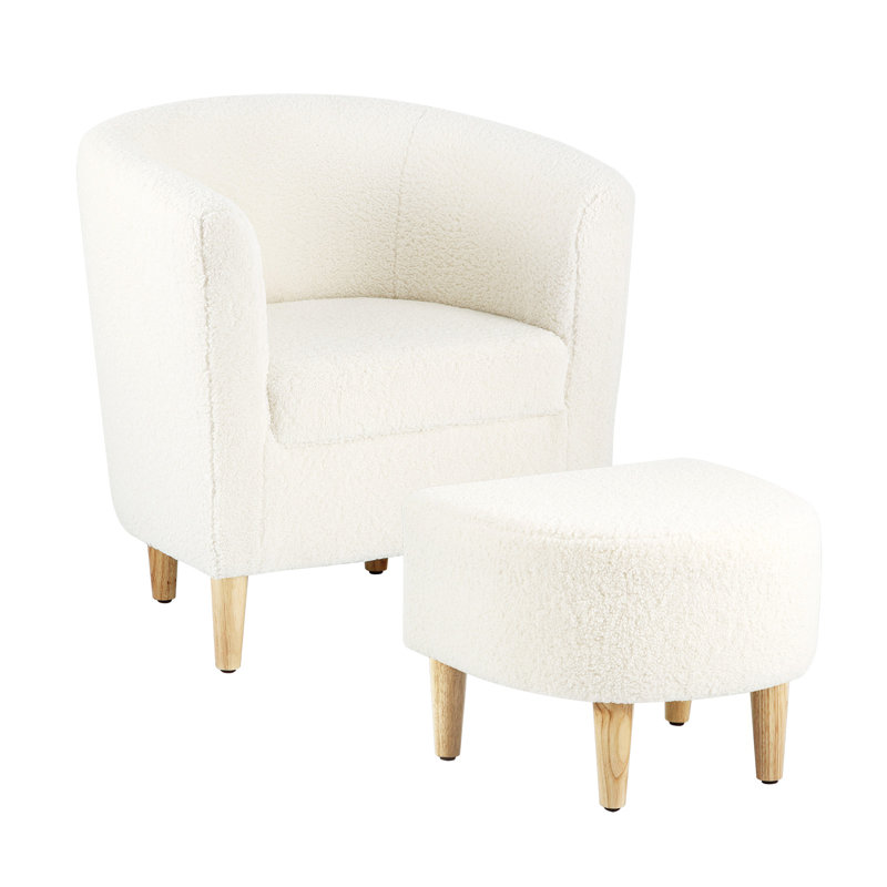 Upholstered 27" Wide Barrel Chair with Ottoman, White Teddy