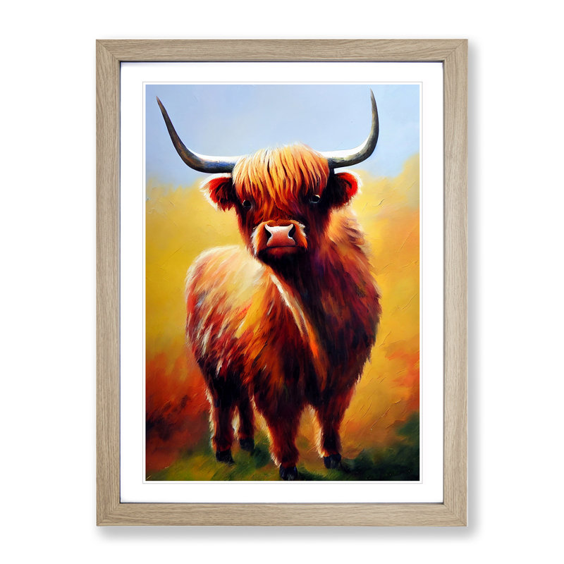 Resplendent Highland Cow - Wall Art, 36cm H x 27cm W, Oak Framed, White