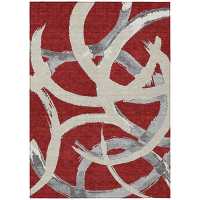 10' X 14' Red Abstract Washable Indoor Outdoor Area Rug
